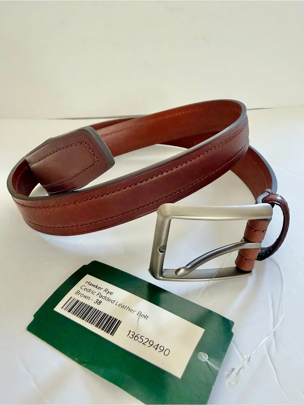 HAWKER Rye Mens Cedric Padded Leather Belt Brown - size 38 NWT